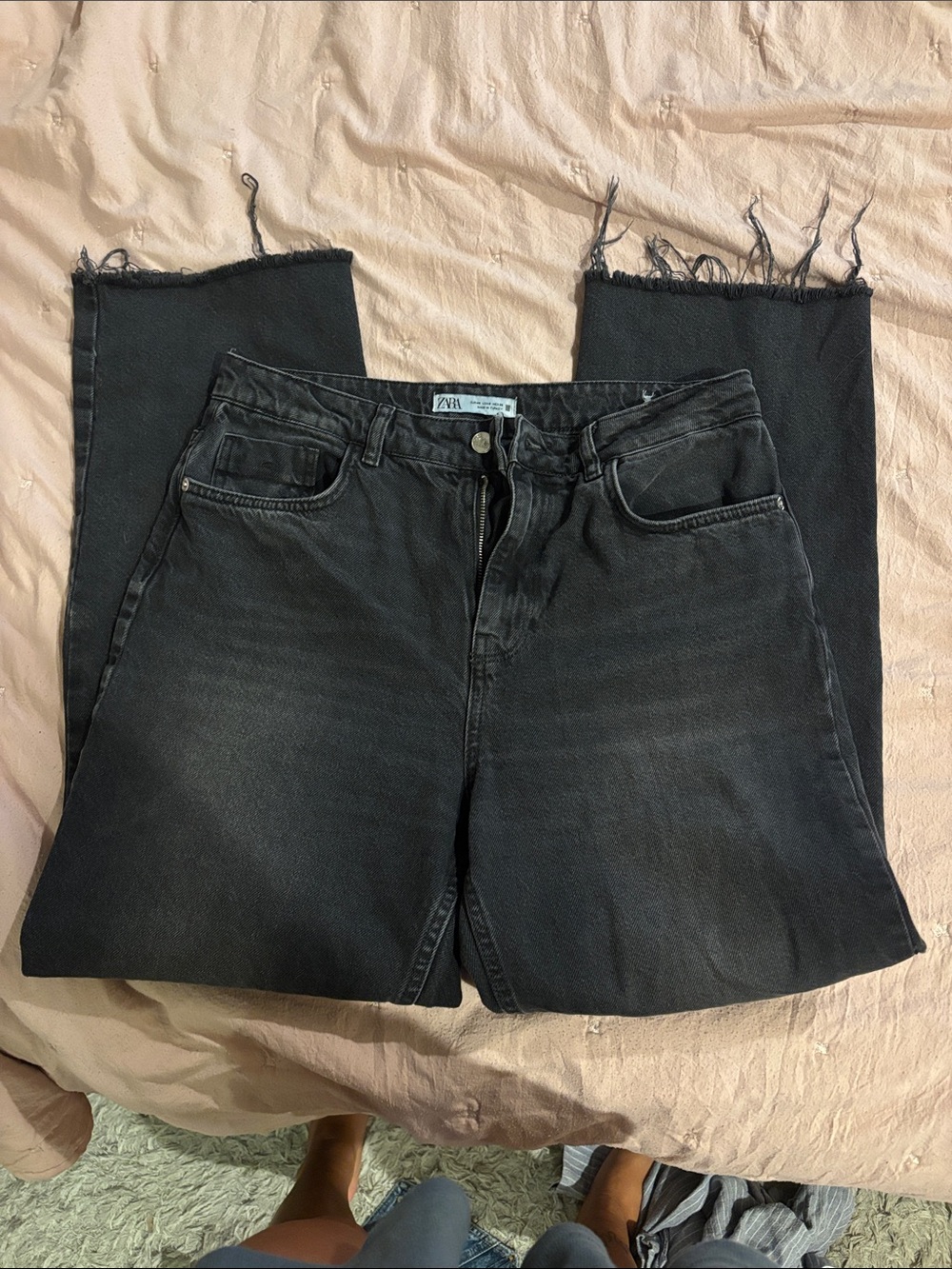 Zara Black Raw Hem Straight Jeans